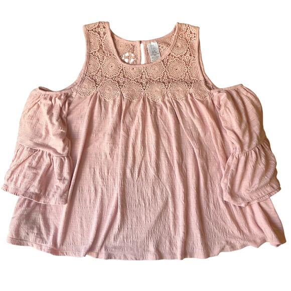 Time and Tru Women Off Shoulder Blouse size L (12-14) Sweet Pink 3/4 Sleeve Lace - Picture 1 of 9